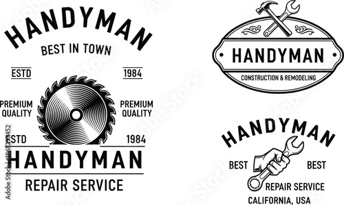 Vintage Handyman Logo Set Featuring Repair, Construction and Remodeling Emblems with Tools for Professional Service Branding Design