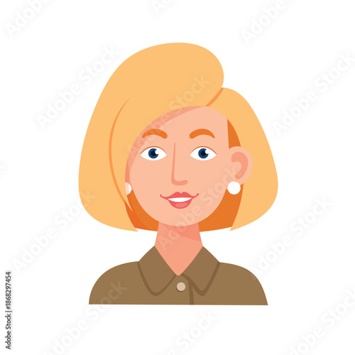 Woman with short blonde bob haircut wearing shirt, cute cartoon character. Flat vector clipart, illustration with isolated background.