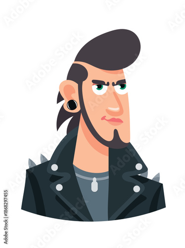 A rocker man in a leather jacket with earrings, cute cartoon character. Flat vector clipart, illustration with isolated background.