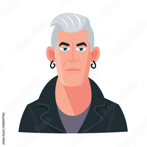 A rocker man in a leather jacket with earrings, cute cartoon character. Flat vector clipart, illustration with isolated background.