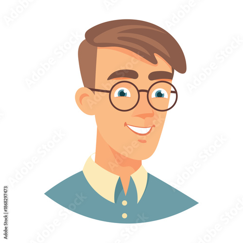 A man wearing glasses, cute cartoon character. Flat vector clipart, illustration with isolated background.