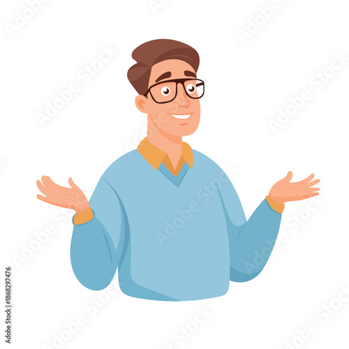 A man wearing glasses, cute cartoon character. Flat vector clipart, illustration with isolated background.