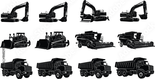 Heavy Construction Machinery Silhouette Set Featuring Excavators, Bulldozers, Dump Trucks and Harvesters for Industrial, Engineering and Infrastructure Design