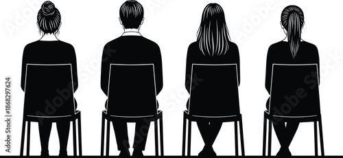 People silhouette seated on chairs rear view group waiting meeting audience concept isolated white background minimal illustration design