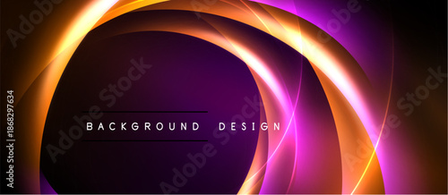 Abstract design features flowing orange, purple light curves. Dark background enhances vibrant color contrast, modern aesthetic.