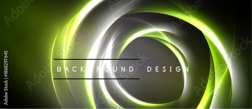 Abstract design features concentric glowing circles. Green, gray, white hues create dynamic visual effect. Text reads background design.