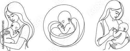 Mother and Baby Line Art Illustration Set Showing Newborn Care, Pregnancy, and Maternal Love for Healthcare and Family Design