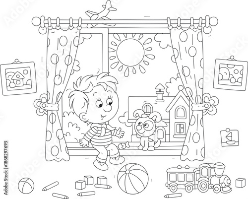 Funny little boy with his small puppy sitting on a windowsill by a window in a nursery room with scattered toys and talking friendly on a sunny summer day, black and white vector cartoon illustration