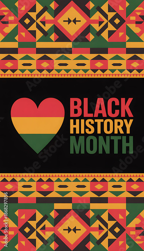 Black History Month Celebration Banner with African Geometric Pattern and Tricolor Heart