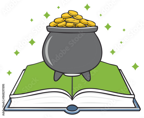 Shimmering pot of gold coins resting on an open book with green pages and magical sparkles
