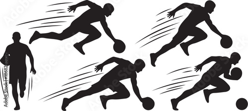 Silhouette of soccer players in motion with balls