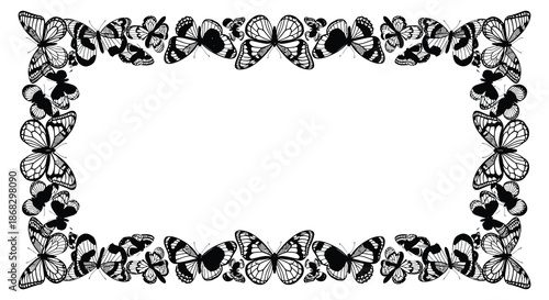 A decorative frame composed of numerous detailed black and white butterflies