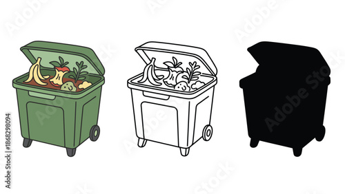 Three trash cans with different colored designs on a white background