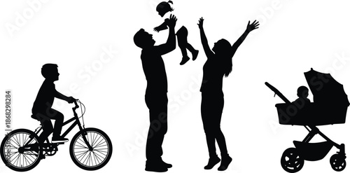 Family lifestyle silhouettes, parents lifting baby, child cycling, stroller walking, happy parenting moments, childhood growth stages illustration black white
