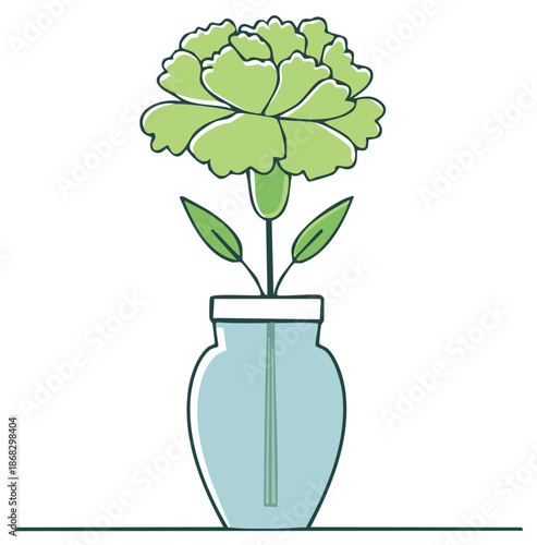 Stylized light green carnation flower with leaves in a simple blue glass vase illustration on a minimal horizon line.