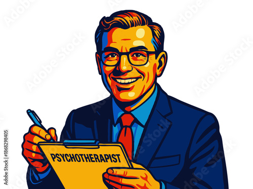 cheerful male psychotherapist in a blazer and glasses. Generative ai vector colorful pop art illustration.