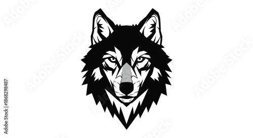 Detailed black and white illustration of a wolf s head with intense gaze