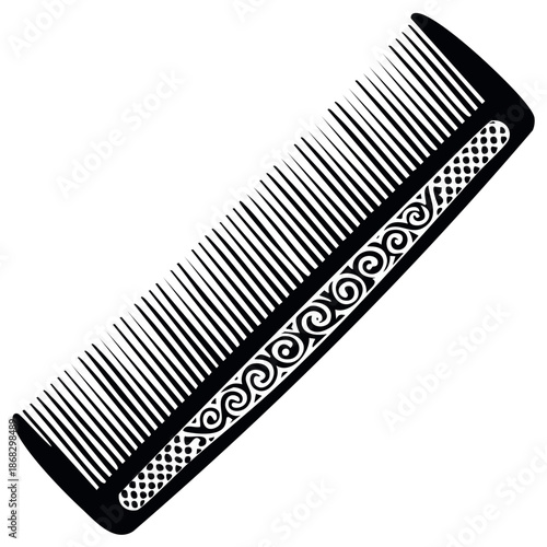 Black and white hair comb illustration with decorative swirls