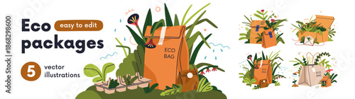 Eco packages, paper bags and kraft box set. Organic recycled biodegradable packs. Ecologic reusable wraps. Sustainable, zero-waste shopping. Flat vector illustrations isolated on white background