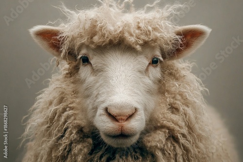 Sheep head portrait featuring its curly wool and looking directly at camera