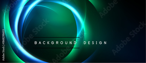 Abstract neon circles over dark background. Vibrant green, blue hues create modern design element. Text reads background design.