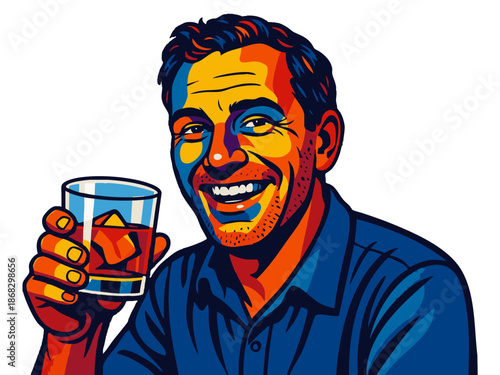 hardened alcoholic with visible signs of alcohol abuse smiling while holding a alcohol in hand. Generative ai vector colorful pop art illustration.
