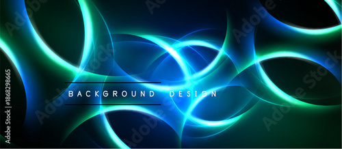 Abstract neon lines form swirling patterns over dark blue background. Text reads background design centered below shapes. Vibrant, modern aesthetic.