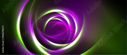 Abstract swirls, vibrant colors, green, purple, white. Concentric circles create dynamic visual effect. Dark background emphasizes luminosity.