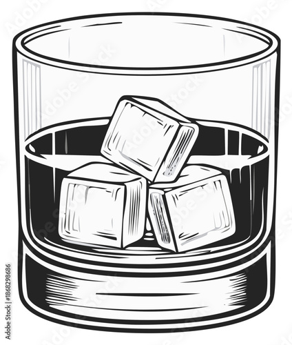 Whiskey Glass with Ice Cubes Vector Illustration. Vintage Bar Artwork. Drink concept in monochrome