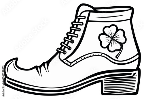 Leprechaun boot with four leaf clover for St Patricks Day line art illustration