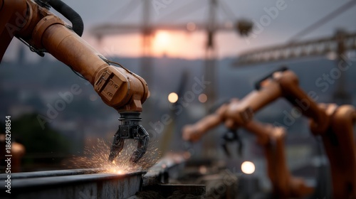 Industrial robots welding on construction site at dusk captured close-up manufacturing innovation
