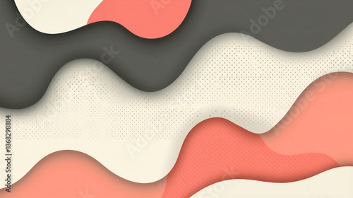 Retro abstract background with wavy paper-cut layers in charcoal, peach, and cream tones featuring minimalist stippled dot textures.
