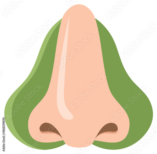 Stylized human nose with green organic shape representing scent, breathing, and wellbeing