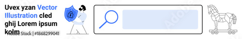 Data security, online privacy, cyber threats, information protection, digital defense, and internet safety. Shield with lock, search bar and trojan horse symbol. Cybersecurity and online privacy
