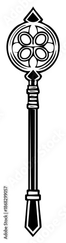 Ornate Scepter or Ceremonial Staff with Geometric and Floral Design Black and White Illustration