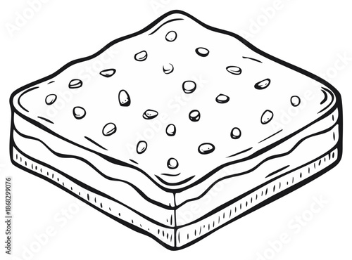 Black and white outline illustration of a layered sweet dessert bar with scattered topping