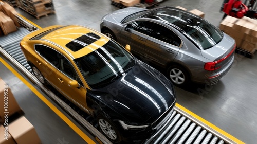 Car assembly line process factory warehouse industrial imagery production environment top-down view manufacturing efficiency