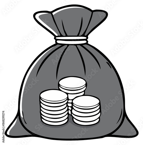Stylized illustration of a drawstring money bag filled with stacks of coins