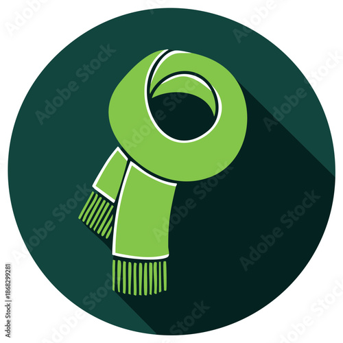 Vibrant lime green knitted winter scarf icon with tassels and modern flat design style