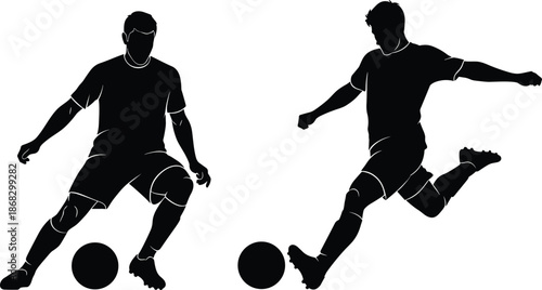 Soccer player silhouettes dribbling and kicking ball, football action poses set, athletic sport competition vector illustration isolated black white