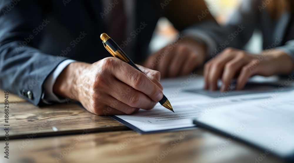 © Olga - Close up of a businessman signing an official legal contract with a gold pen on a wooden desk for important business deal concept © Olga - Close up of a businessman signing an official legal contract with a gold pen on a wooden desk for important business deal concept
