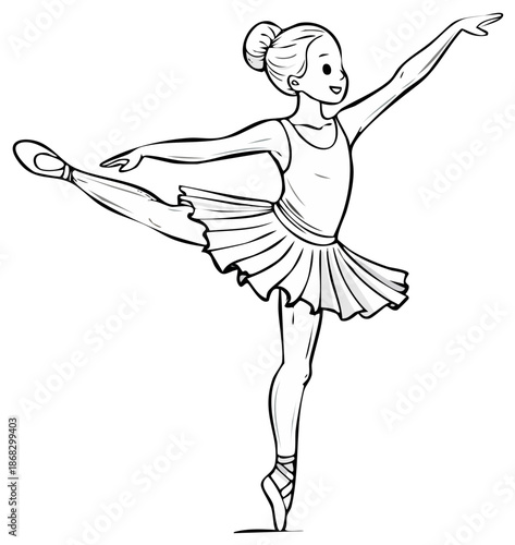Happy smiling young ballerina girl performing graceful ballet pose en pointe wearing a tutu and leotard illustration