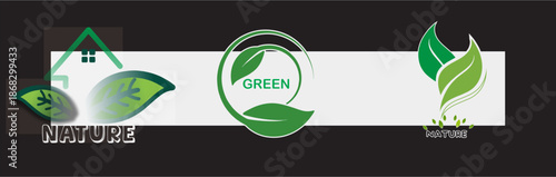 Eco-friendly signs and logos showcasing green living and environmentally friendly concepts on a black background