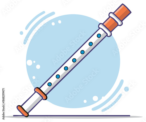 Simple cartoon illustration of a white and orange recorder musical instrument angled diagonally on a light blue background