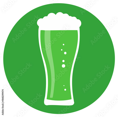 Green beer glass with frothy white foam bubbles illustration on a vibrant circular background for celebration.