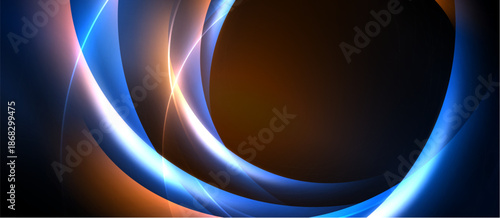 Abstract design features flowing curves, vibrant blues, oranges, dark center. Dynamic light creates modern aesthetic.