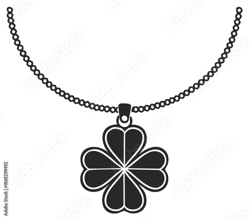 Elegant pendant necklace featuring a four leaf clover charm, stylized artwork.