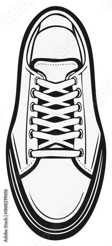 Minimalist black and white line art illustration of a classic casual lace up sneaker shoe from above