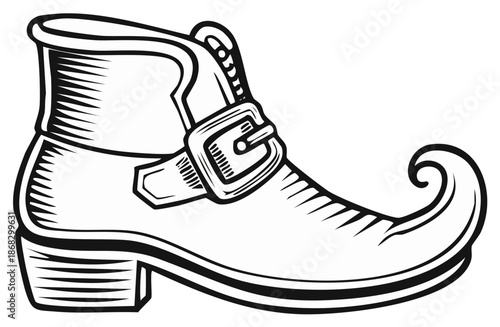 Whimsical Pointed Elf Shoe with Buckle and Scroll Toe Design