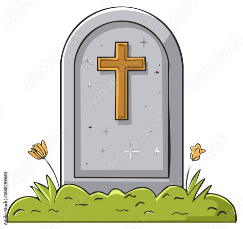 Cartoon Gravestone with Christian Cross and Green Grass and Blooming Flowers Illustration